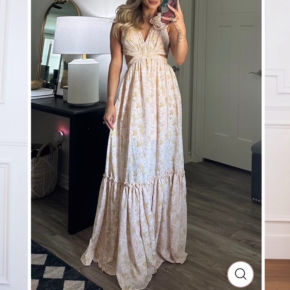 Bella and Bloom Boutique Floral Fantasy Ruffle Cutout Maxi Dress